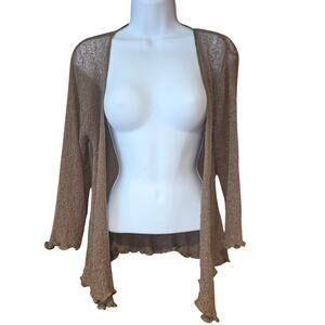 Coline brown fish net mesh front tie cardigan bolero, low cut, bell sleeve sz M